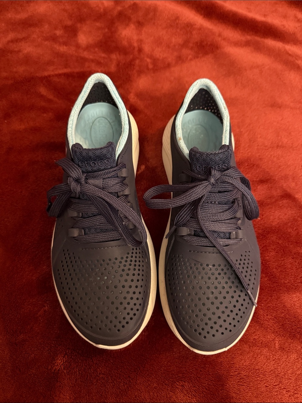 CROCS Navy Perforated LiteRide Lace-Up Sneakers with White Sole